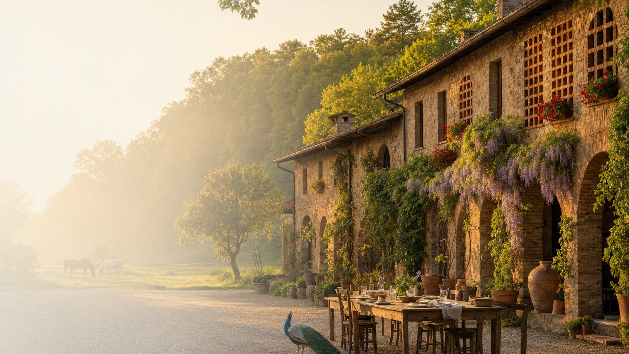 La cascina Cassinazza nell'ora dorata, circondata dal bosco